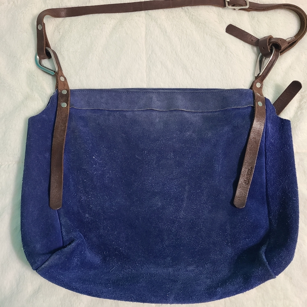 Dean Elegant Blue Suede Shoulder Bag with Brown Straps